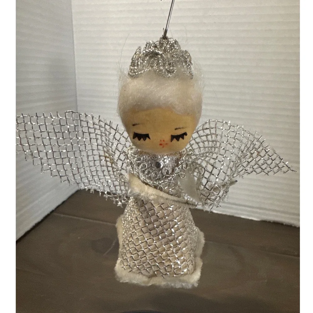 Vintage Silver Mesh Angel Christmas Ornament Mid-Century White Faux Fur 4.5 Inch